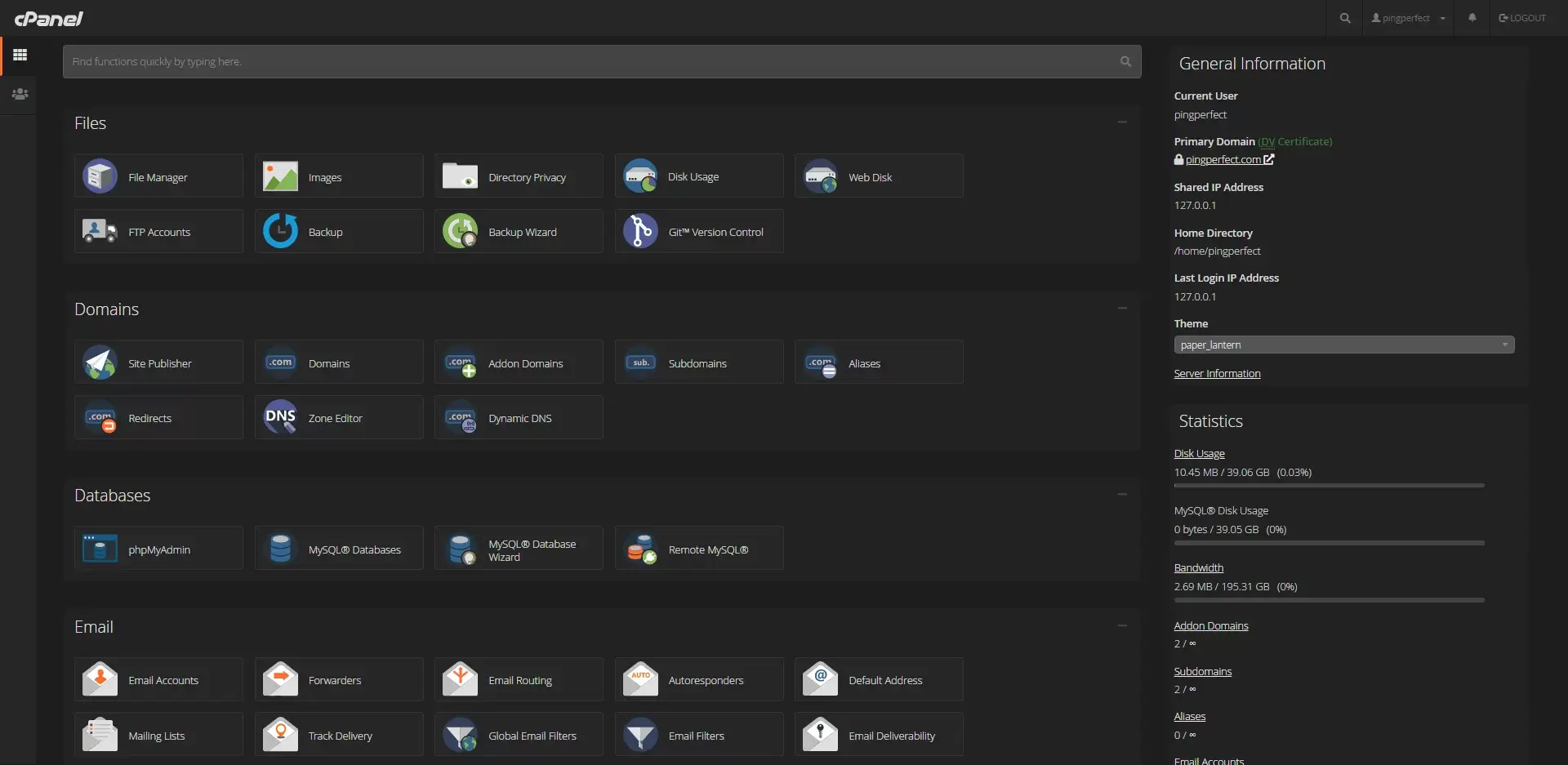 cPanel Homepage Dark Theme